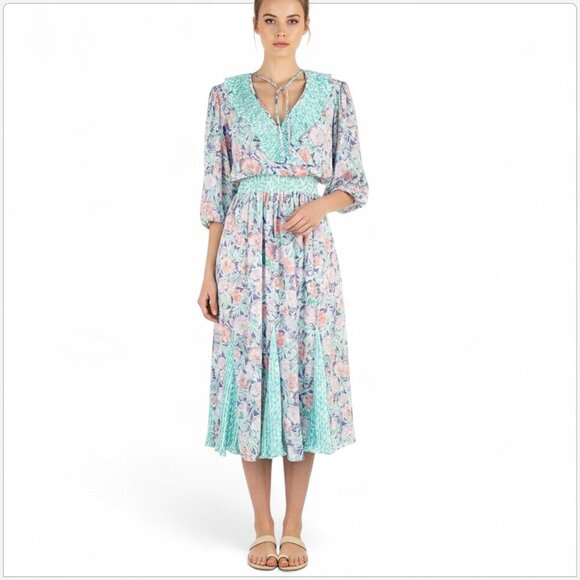 Assorti Susan Freis Vintage 80s Pastel Floral Ruffle Pleated Smocked Dress XS - Picture 1 of 5